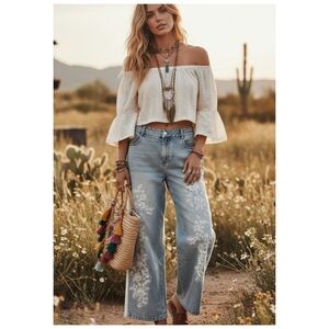 Elegant Light Blue Floral Lace Embellished Jeans